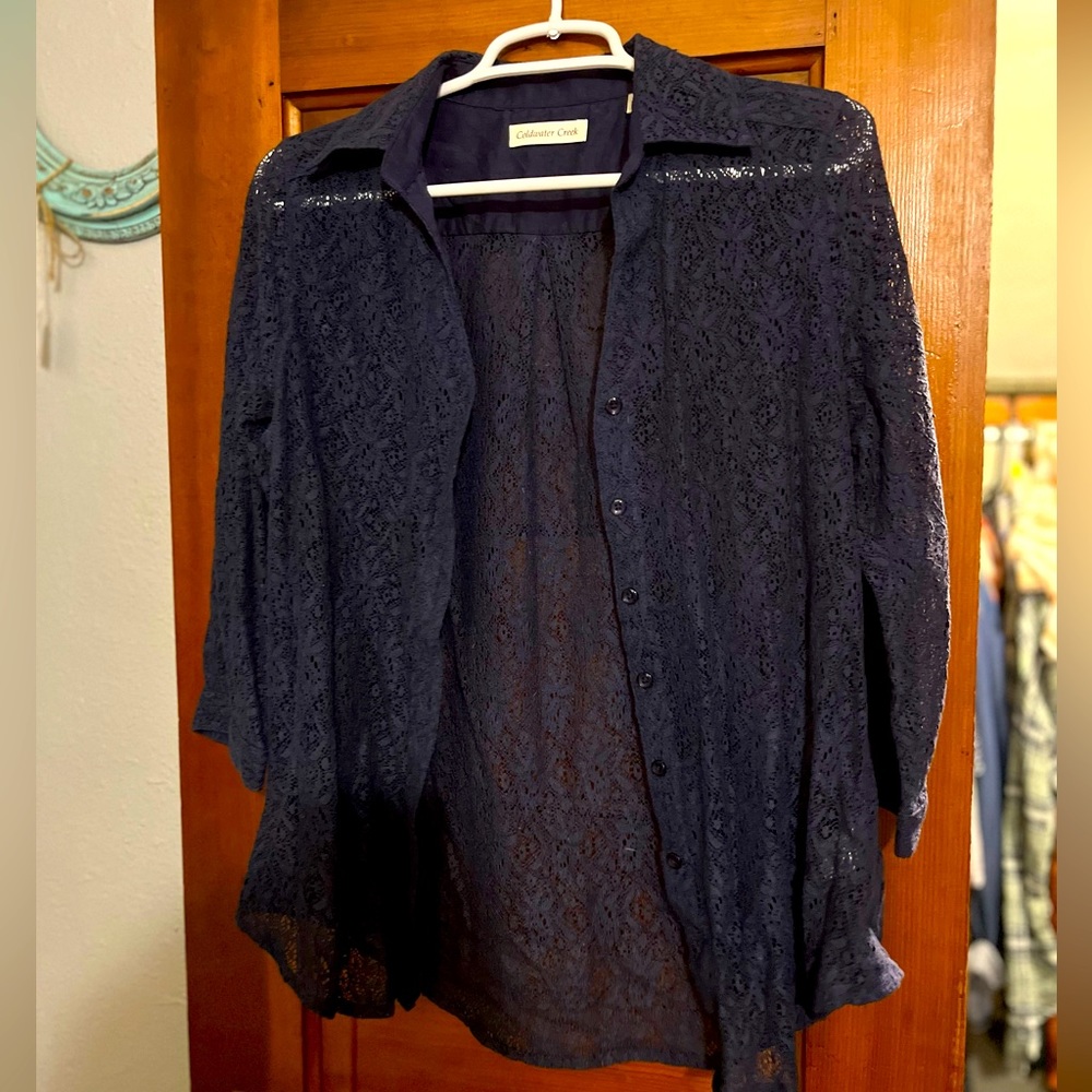 Navy Coldwater Creek lace button up